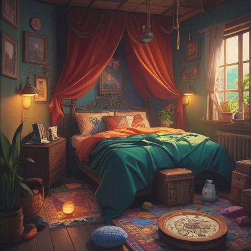 A whimsical illustration of a cozy bedroom filled with soft pillows and blankets, a cute alarm clock showing late morning, a few lucky charms like a four-leaf clover and a lucky cat placed on a bedside table, warm sunlight streaming through the window, creating a peaceful and dreamy atmosphere, 4k