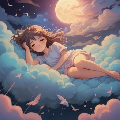 A serene dreamlike scene, a figure resting peacefully on a cloud, surrounded by ethereal light, soft pastel colors, symbols of sleep and tranquility, a gentle aura representing the spiritual meaning of exhaustion, mystical elements like stars and moonlight, calm and soothing atmosphere, 4k