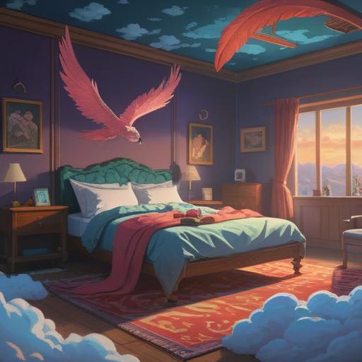 A serene and introspective scene depicting someone in bed surrounded by dreamlike clouds, subtle hints of spiritual symbols like feathers and light orbs, an aura of deep contemplation, warm and soothing colors, the person with a peaceful expression, illustrating the connection between sleep and spiritual awareness, 4k