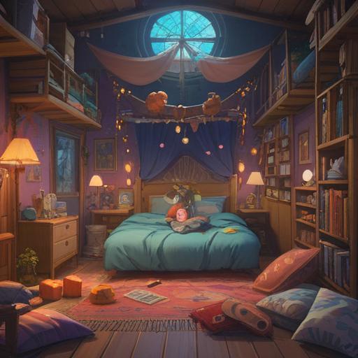 A whimsical scene depicting a cozy bedroom, a tired character surrounded by fluffy pillows and blankets, an enchanting lucky charm glowing softly on the bedside table, warm sunlight filtering through the curtains, dreamlike atmosphere, playful details like floating stars and sleepy animals, vibrant colors, inviting and calming environment, 4k