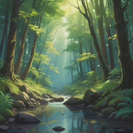 A serene nature scene, a tranquil forest with dappled sunlight filtering through the trees, a peaceful stream flowing gently, a meditative person practicing yoga by the water, surrounded by lush greenery, vibrant flowers, calming atmosphere, warm sunlight, harmonious balance, 4k