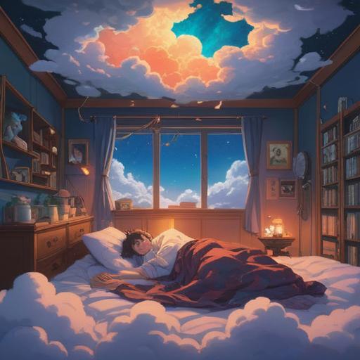 A dreamy, ethereal scene depicting a person lying in bed, surrounded by fluffy clouds and soft, glowing lights, an aura of love and spirituality emanating, serene expression on their face, subtle heart symbols floating around, gentle pastel colors, whimsical atmosphere, conveying a sense of romance and connection, 4k