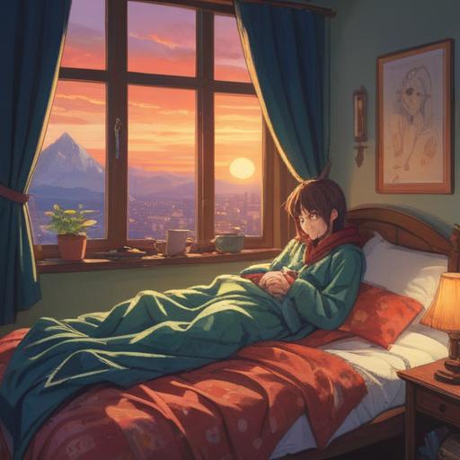 A romantic-themed illustration, a person in bed surrounded by soft blankets, tired yet peaceful expression, ethereal light shining through a window, dreamlike ambiance, subtle hints of spiritual energy, representing a deep emotional connection, the concept of fatigue representing deeper feelings, intimate atmosphere, gentle colors, 4k