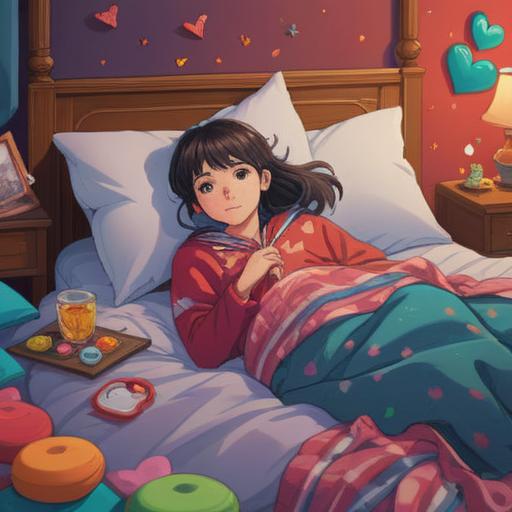 A dreamy illustration of a person resting in bed, surrounded by soft pillows and a cozy blanket, with floating hearts and lucky charms, a gentle glow emanating from a bedside lamp, warm color palette, serene atmosphere, whimsical elements like stars and moonlight, conveying a sense of love and good fortune, 4k