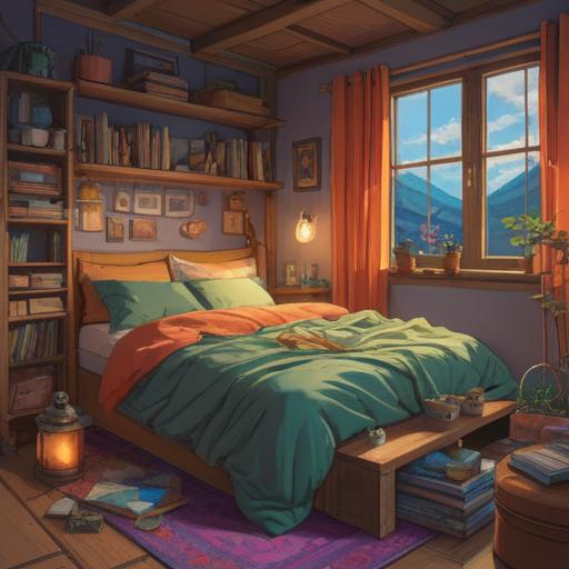A cozy bedroom scene, a person curled up in bed surrounded by fluffy blankets, a serene expression on their face, aromatic essential oils diffusing in the air, soft pastel colors, warm lighting, calming atmosphere, a bottle of lavender oil on the nightstand, illustrations of dream clouds around, peaceful and inviting, 4k