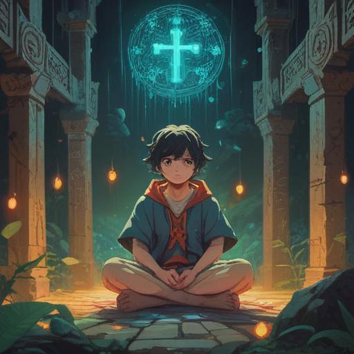 A mystical scene depicting a person sitting cross-legged in a serene environment, surrounded by ethereal light and subtle symbols representing spiritual signs, a calm expression on their face despite the lack of sleep, soft wisps of energy floating around, a hint of wonder in their eyes, tranquil atmosphere, vibrant colors, 4k
