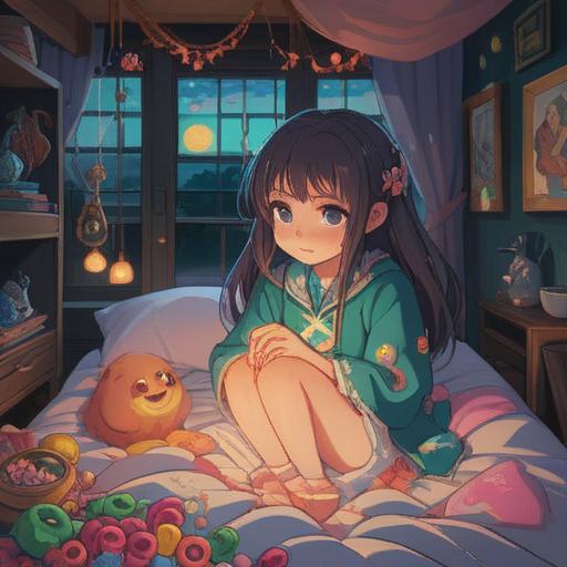 A whimsical illustration of a person wide awake, sitting upright in bed with bright eyes, surrounded by lucky charms like four-leaf clovers and shining stars, cozy room setting with vibrant colors, playful elements, cheerful expression, dreamlike atmosphere, 4k