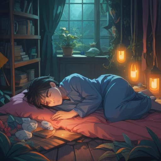 A spiritual representation of the struggle to sleep, depicting a person lying awake in a serene, ethereal environment, surrounded by soft, glowing orbs of light, gentle wisps of clouds, and shadowy figures symbolizing restless thoughts, calming yet complex atmosphere, dreamlike elements, 4k