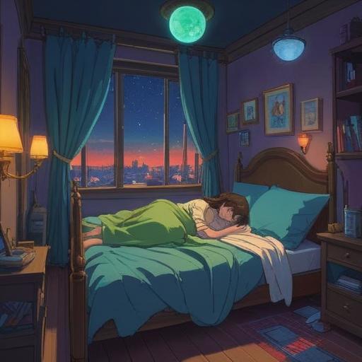 A serene nighttime scene, a person lying awake in bed, softly illuminated by moonlight, ethereal glow surrounding the bed, gentle whispers of spiritual energy, symbols of calm and relaxation in the air, dreamcatchers hanging from the ceiling, faint stars visible through the window, peaceful expression, a sense of inner awakening and clarity, 4k