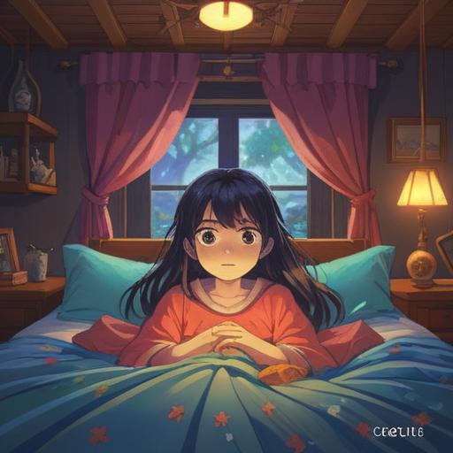 A serene, dreamy scene depicting a person lying in bed, eyes wide open with a contemplative expression, ethereal light surrounding them, faint ghostly figures representing anxiety or restlessness hovering nearby, soft pastel colors, elements of nature symbolizing calmness like gentle waves or rustling leaves, spiritual motifs like floating feathers or glimmering orbs, a tranquil yet thought-provoking atmosphere, 4k