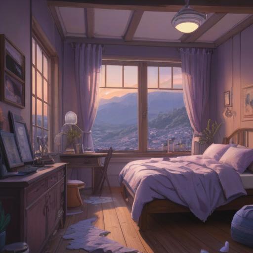 A serene bedroom setting, soft lighting, an open window with gentle breezes, an aromatherapy diffuser emitting wisps of calming lavender and chamomile scents, a cozy bed with fluffy blankets inviting relaxation, a clock showing late hours, peaceful ambiance, hint of frustration in the air, soothing colors, tranquil mood, high detail, 4k
