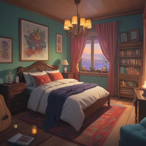 A serene bedroom scene, a cozy bed with fluffy pillows, soft lighting, essential oil diffuser emitting gentle vapor, vibrant bottles of lavender and chamomile oils, hints of plants and calming decor, peaceful atmosphere, restful sleep, inviting ambiance, 4k