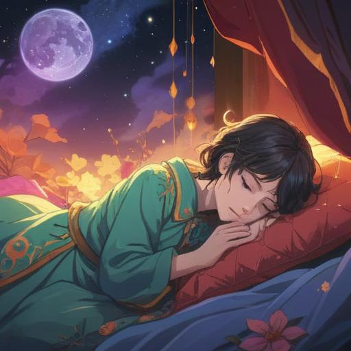 A dreamy illustration of a person sleeping peacefully, ethereal voices whispering around them, soft glowing aura surrounding the figure, mystical symbols floating in the air, warm and calming color palette, serene bedroom environment, the essence of spirituality and sound, inviting atmosphere, 4k