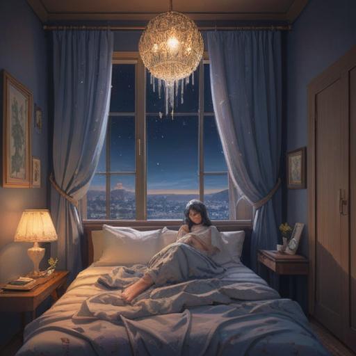 A serene bedroom scene, soft moonlight filtering through curtains, a person peacefully sleeping in bed, a shimmering crystal on a nightstand, gentle whispers floating in the air, dreamy ambiance, mystical sparkles around the crystal, soothing colors, 4k
