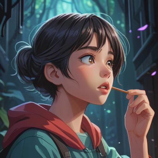 A person biting their lips thoughtfully, surrounded by a serene and ethereal aura, soft light illuminating their face, deep contemplation reflected in their eyes, symbols of spirituality in the background, nature elements like trees and flowers, tranquil atmosphere, 4k