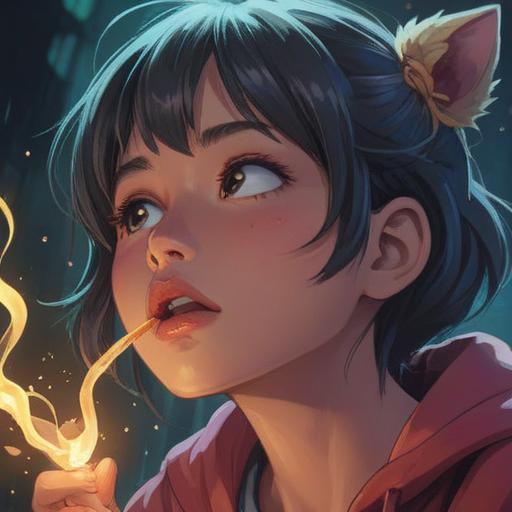 A serene and contemplative illustration, a close-up of a person gently biting their lip, soft glowing light surrounding them, symbols of spirituality and positivity in the background, ethereal atmosphere, calming color palette, expressive facial features, representing inner strength and positive energy, 4k