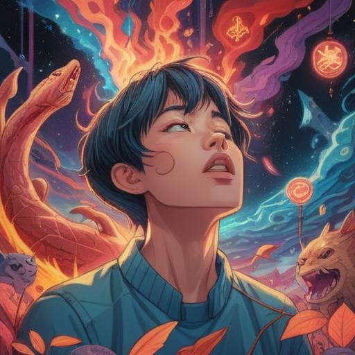 A thoughtful illustration depicting a person biting their lips in a moment of reflection, surrounded by spiritual symbols like aura colors, chakra aligned, soft glowing light around the head, signs of stress and intuition, ethereal background, conveying a sense of awareness, introspection and caution, serene atmosphere, artistic interpretation, 4k