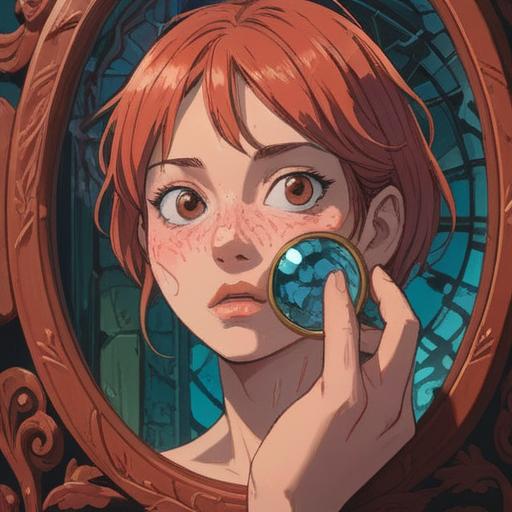 A close-up illustration of a person examining their face in a mirror, focusing on a pimple under the lip, symbolizing self-reflection, spiritual awakening, detailed facial expression, calm and introspective mood, surrounded by ethereal light, emphasizing personal growth and mindfulness, 4k