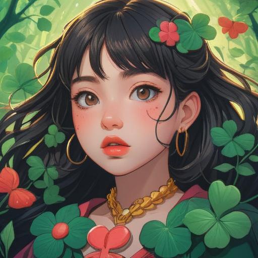 A whimsical illustration of a person's lips featuring a distinctive beauty mark, surrounded by lucky charms like a four-leaf clover, a horseshoe, and a rabbit's foot, bright and vibrant colors, enchanting atmosphere, playful composition, rich details in the accessories, 4k