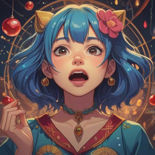 A whimsical illustration of a person performing a lucky charm for chapped lips, magical sparkles surrounding them, joyful expression, vibrant colors, nature setting with blooming flowers, a gentle breeze, enchanting atmosphere, focus on hands applying the charm, clear depiction of the concept, cartoonish style