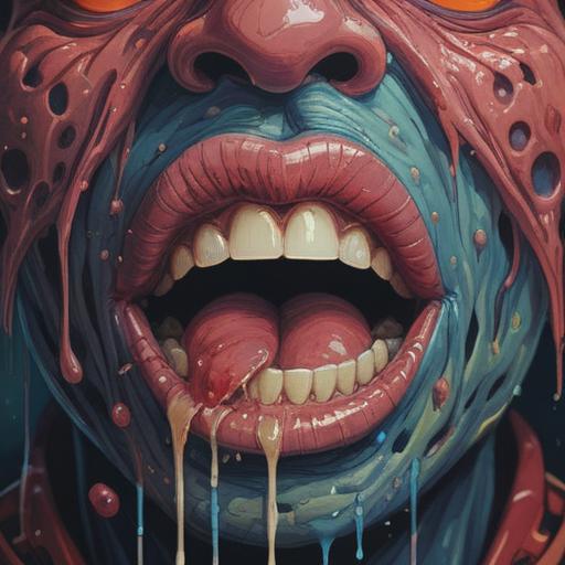 A mystical and thought-provoking illustration, a close-up of a human mouth with unique blemishes on the lips, ethereal light highlighting the features, spiritual symbols subtly embedded in the background, an aura of awareness and caution, lush colors representing different energies, surreal and introspective atmosphere, 4k