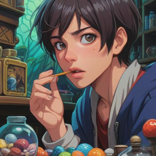 A close-up view of a person examining their lips, discovering a small blemish, surrounded by a collection of lucky items like a four-leaf clover, a horseshoe, and a lucky charm, bright and colorful composition, gentle lighting, conveying a sense of hope and positivity, detailed textures, 4k