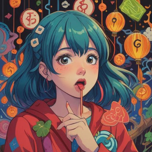 A vibrant and whimsical scene depicting a person experiencing a tingling sensation in their lips, surrounded by symbols of luck such as four-leaf clovers and lucky charms, bright colors, an aura of magic and excitement, expressive facial expression, dynamic poses, cheerful atmosphere, playful details, engaging background elements, 4k