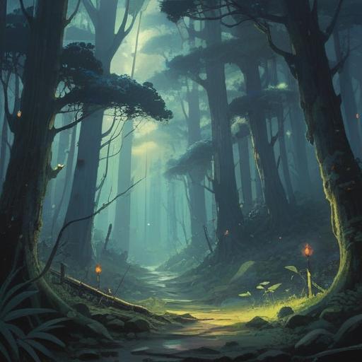 A mystical landscape representing spiritual distrust, ethereal figures in a shadowy forest, fog enveloping uncertain paths, symbolic imagery of barriers and walls, contrasting light and dark elements, emotional tension in the atmosphere, vibrant spiritual energy, 4k