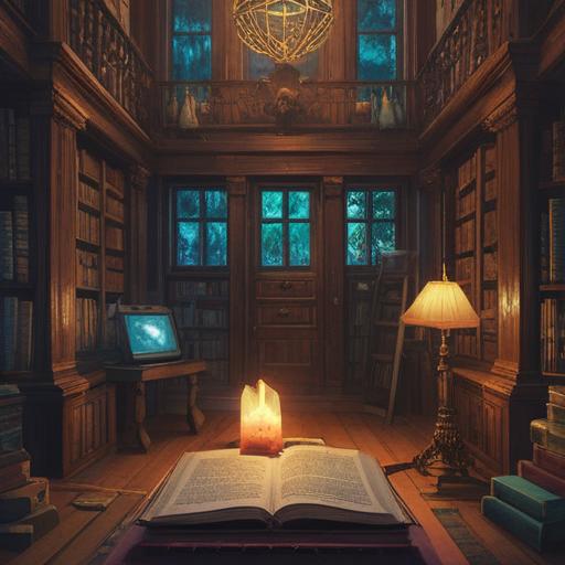 A mysterious scene featuring an enchanted amulet, glowing softly in a dimly lit room, surrounded by ancient books and mystical artifacts, a sense of intrigue and uncertainty, contrasting shadows and light, symbolic representation of trust and doubt, rich textures, with an ethereal atmosphere, 4k