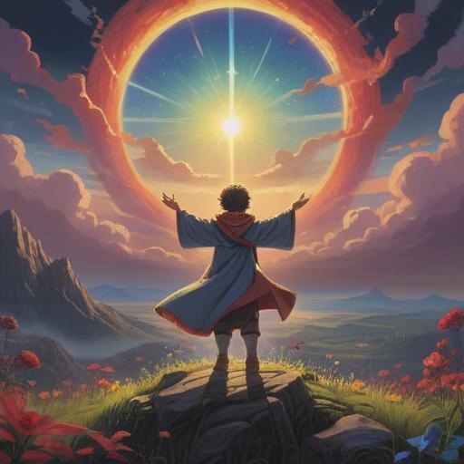 A serene and ethereal landscape, radiant light breaking through dark clouds, a figure standing with outstretched arms, surrounded by a halo of hope, symbols of faith and belief in the environment, vibrant colors, uplifting atmosphere, peaceful and reflective mood, 4k