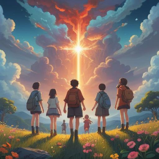 A serene and uplifting spiritual landscape, gentle light shining through ethereal clouds, a group of diverse people with hopeful expressions, hands raised towards the sky, symbols of faith and belief surrounding them, vibrant colors to evoke a sense of peace and optimism, 4k