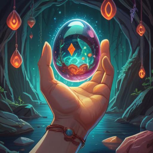A mystical illustration of a hand holding a shimmering lucky stone, vibrant colors, radiant light reflecting off the stone, surrounded by symbols of belief and positivity, lush nature background, serene atmosphere, conveying hope and transformation, detailed textures, 4k