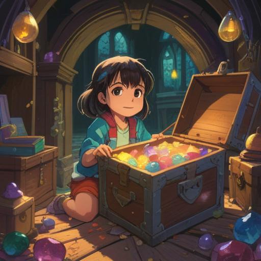 A vibrant and inspiring illustration, a child holding a glowing treasure chest filled with colorful gems, surrounded by a radiant light symbolizing hope, a lush green landscape with blooming flowers, a calm blue sky with fluffy white clouds, the expression of wonder and belief on the child's face, a sense of warmth and encouragement, 4k