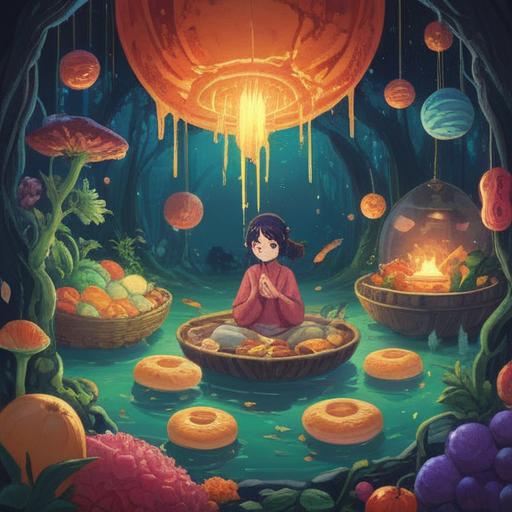 A mystical scene depicting a person surrounded by floating, ethereal food items, serene expression on their face, soft light illuminating the surroundings, symbolic representation of the struggles with appetite, tranquil colors reflecting inner peace, mystical aura, connection to spiritual well-being, gentle nature elements in the background, visually conveying the spiritual meaning of decreased appetite, 4k