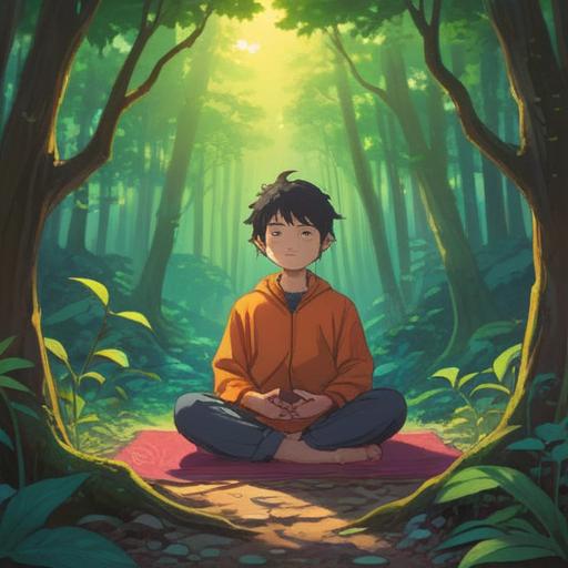 A serene and tranquil scene depicting a person meditating in a peaceful forest, vibrant greenery surrounding them, soft sunlight filtering through the leaves, a subtle aura of energy radiating from their body, symbols of growth and transformation subtly integrated in the foliage, conveying a sense of spiritual awakening and connection to nature, 4k