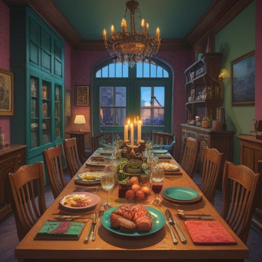 A serene and inviting indoor setting, a beautifully arranged dining table with colorful and appetizing dishes, warm lighting creating a cozy atmosphere, a person meditating or practicing mindfulness before the meal, calming nature elements like plants or soft fabrics in the background, vibrant food textures and details, emphasizing the joy of eating, 4k