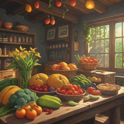 A serene and vibrant scene depicting a bountiful feast, brightly colored fruits and vegetables spread across a large wooden table, gentle sunlight streaming through lush greenery, inviting and warm atmosphere, symbolic representations of abundance and nourishment, an ethereal aura surrounding the food, spiritual symbols subtly integrated, inviting viewers to reflect on the connection between spirituality and appetite, 4k