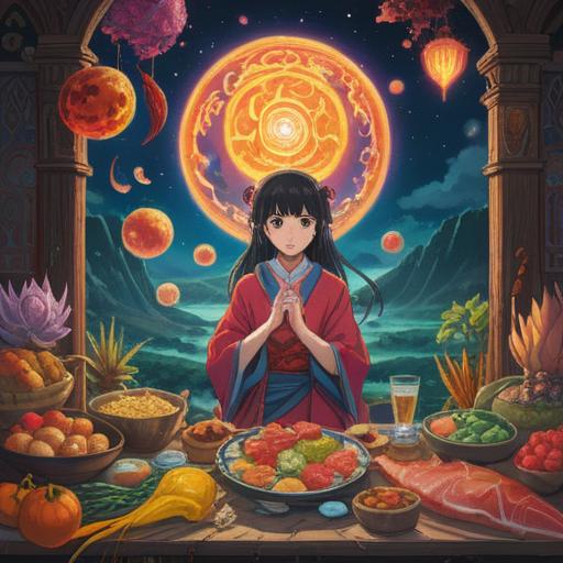 A mystical scene depicting spiritual signs indicating increased appetite, vibrant aura surrounding food, symbols of abundance and nourishment, celestial elements like stars and moons, serene expression on a meditative figure, lush surroundings with an ethereal glow, harmonious balance between nature and spirituality, 4k