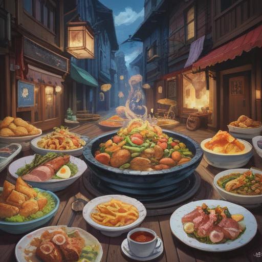 A vibrant illustration of a lucky food item, colorful plate filled with delicious dishes, steam rising from freshly cooked meals, cozy dining setting, glimmering lucky charms surrounding the food, inviting aroma wafting through the air, joyful expression on people's faces, celebrating abundance, 4k