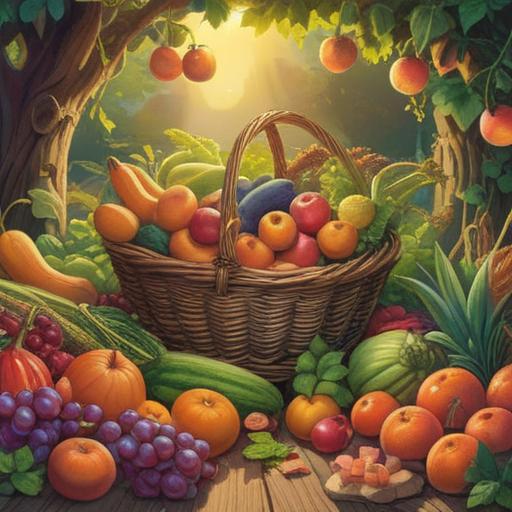 A serene spiritual scene depicting a bountiful harvest, vibrant and colorful fruits and vegetables symbolizing abundance, a tranquil setting with soft sunlight filtering through trees, a person meditating in the foreground, surrounded by food offerings, warm and inviting atmosphere, deep connection to nature, holistic wellness, 4k