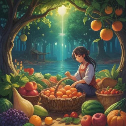 A serene, spiritual scene depicting an abundant harvest, vibrant fruits and vegetables, a glowing aura surrounding the food, a peaceful person meditating nearby, nature in full bloom, signs of prosperity and nourishment, colorful and inviting atmosphere, harmonious energy, inviting textures, 4k