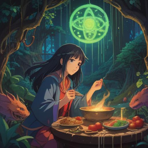 A mystical scene depicting a person experiencing heightened appetite, vibrant colors, sensory imagery, surrounded by symbolic representations of spiritual signs, intuitive feelings, lush nature background, ethereal lighting, abstract patterns symbolizing cravings, 4k