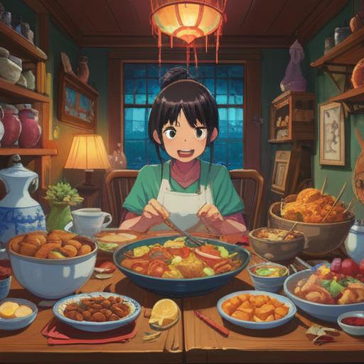 A vibrant scene depicting a person joyfully indulging in a feast, colorful dishes overflowing on the table, animated expressions of excitement and satisfaction, a cozy dining environment, friends and family enjoying together, playful food elements like floating snacks, warm and inviting lighting, 4k