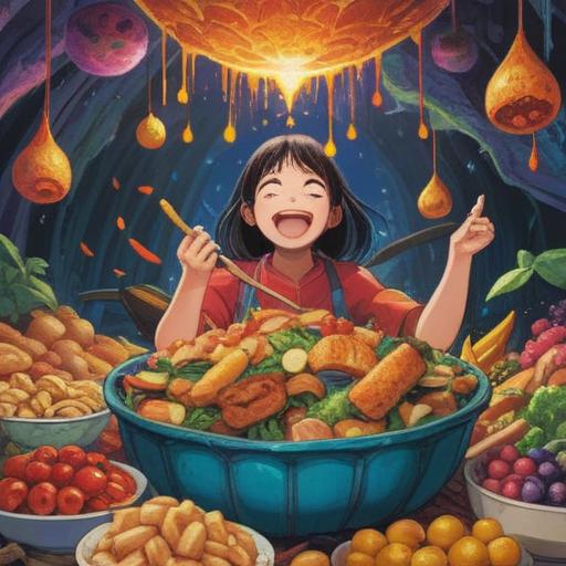 A vibrant illustration depicting a person surrounded by an abundance of food, bright colors, joyful expression, symbolic elements representing growth and nourishment, ethereal light illuminating the scene, spiritual motifs like lotus flowers and mandalas, harmonious atmosphere, rich textures, 4k