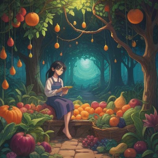 A serene and ethereal scene representing spiritual signs of increased appetite, vibrant fruits and vegetables glowing softly, a subtle aura surrounding them, mystical symbols in the background, warm golden light illuminating the scene, an inviting table set with an array of colorful dishes, gentle breeze rustling leaves, 4k