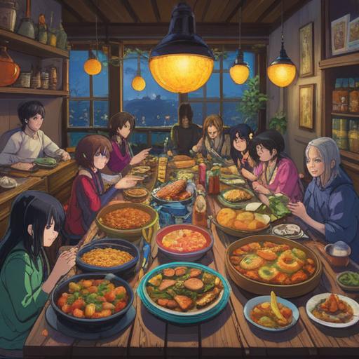 A vibrant illustration of an abundant feast, diverse and colorful dishes spread across a table, people enjoying the meal with joy, magical aura surrounding the food, spiritual symbols subtly integrated into the scene, warm lighting creating a welcoming atmosphere, emphasis on the connection between nourishment and spiritual awareness, heartwarming interactions among the diners, 4k