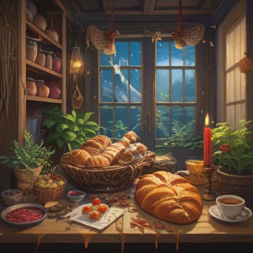 A serene still life composition, vibrant colors, fragrant herbs and spices, freshly baked bread and pastries, warm aromas wafting through the air, inviting atmosphere, tempting food arrangement, natural lighting, 4k