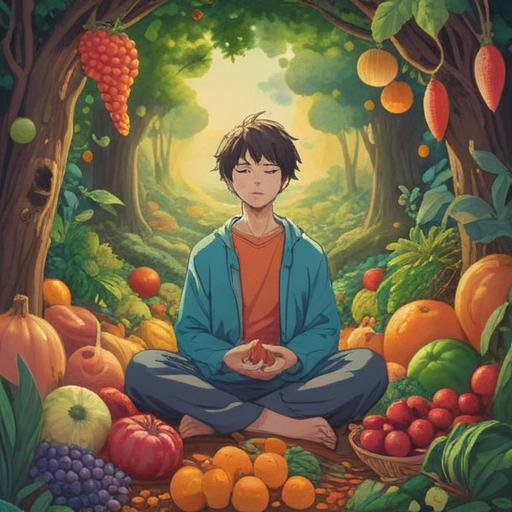 A serene and contemplative scene, featuring a person meditating in nature, surrounded by abundant food offerings like fruits and vegetables, ethereal glowing light symbolizing awareness, gentle breeze highlighting connection to spirituality, peaceful ambiance, nature's beauty emphasizing the importance of mindfulness, 4k