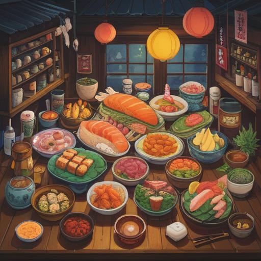 A vibrant illustration of lucky foods that stimulate appetite, featuring a colorful spread of traditional dishes like sushi, ramen, and fruit, garnished with herbs and spices, joyful atmosphere, bright colors, enticing textures, eye-catching presentation, dining setting with enthusiastic people, 4k