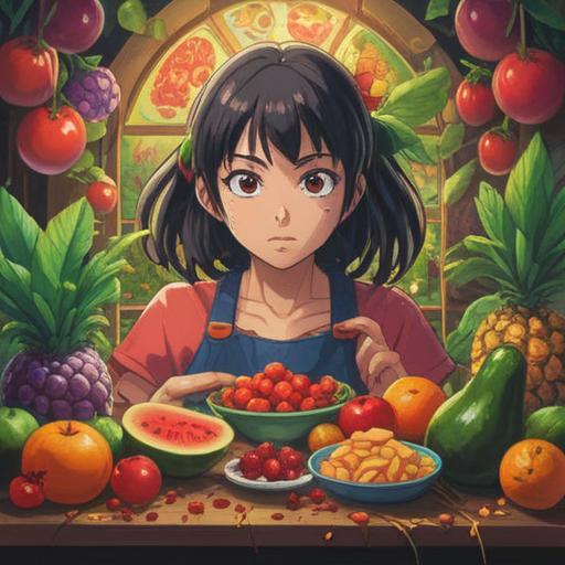 A vibrant illustration of lucky ingredients that nourish the heart and body, assorted colorful fruits and vegetables arranged beautifully, a harmonious blend of textures and shapes, a serene kitchen setting with natural light, uplifting and positive atmosphere, showcasing health and vitality, 4k